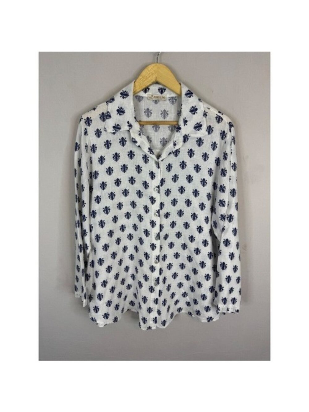 Puro Lino Italy 100% Linen Fleur De Lis Print Button Down Shirt White Navy Blue